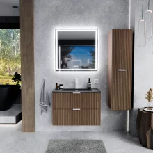 HD Ravello Oak 60 komplett fürdőszoba bútor fali mosdószekrénnyel, matt fehér fogantyúkkal, matt fekete slim mosdóval és tükörrel