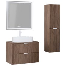 HD Rapallo Oak 60 komplett fürdőszoba bútor szett fali mosdószekrénnyel, matt fehér fogantyúval, oak mosdópulttal, tükörrel és magasszekrénnyel