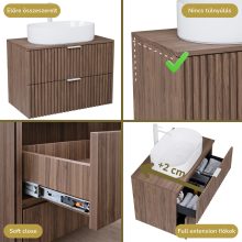 HD Rapallo Oak 60 komplett fürdőszoba bútor szett fali mosdószekrénnyel, matt fehér fogantyúval, oak mosdópulttal, tükörrel és magasszekrénnyel