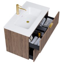 HD Ravello Oak 60 komplett fürdőszoba bútor fali mosdószekrénnyel, szálcsiszolt arany fogantyúkkal, fényes fehér slim mosdóval és tükörrel