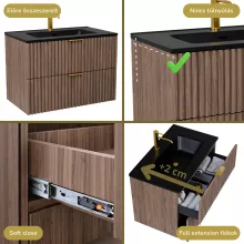 HD Ravello Oak 60 fali mosdószekrény szálcsiszolt arany fogantyúkkal és matt fekete slim mosdóval