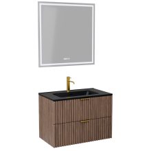 HD Ravello Oak 60 komplett fürdőszoba bútor fali mosdószekrénnyel, szálcsiszolt arany fogantyúkkal, matt fekete slim mosdóval és tükörrel