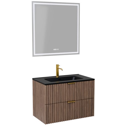HD Ravello Oak 60 komplett fürdőszoba bútor fali mosdószekrénnyel, szálcsiszolt arany fogantyúkkal, matt fekete slim mosdóval és tükörrel