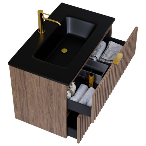 HD Ravello Oak 60 komplett fürdőszoba bútor fali mosdószekrénnyel, szálcsiszolt arany fogantyúkkal, matt fekete slim mosdóval és tükörrel