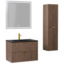 HD Ravello Oak 60 komplett fürdőszoba bútor szett fali mosdószekrénnyel, szálcsiszolt arany fogantyúkkal, matt fekete slim mosdóval, tükörrel és magasszekrénnyel