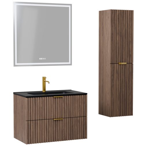 HD Ravello Oak 60 komplett fürdőszoba bútor szett fali mosdószekrénnyel, szálcsiszolt arany fogantyúkkal, matt fekete slim mosdóval, tükörrel és magasszekrénnyel