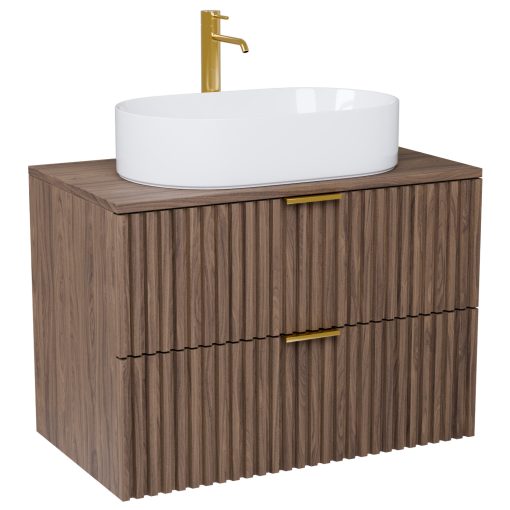 HD Rapallo Oak 60 fali mosdószekrény oak mosdópulttal és szálcsiszolt arany fogantyúkkal