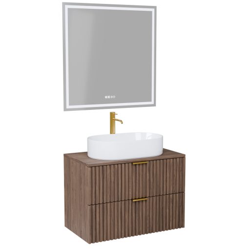 HD Rapallo Oak 60 komplett fürdőszoba bútor fali mosdószekrénnyel, szálcsiszolt arany fogantyúkkal, oak mosdópulttal és tükörrel