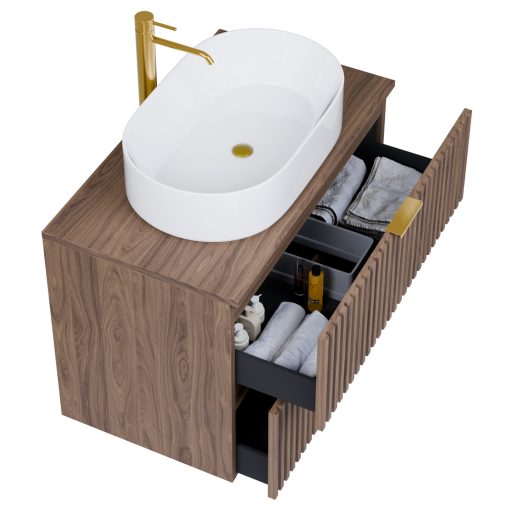 HD Rapallo Oak 60 komplett fürdőszoba bútor fali mosdószekrénnyel, szálcsiszolt arany fogantyúkkal, oak mosdópulttal és tükörrel