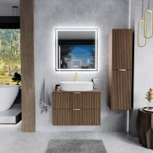 HD Rapallo Oak 60 komplett fürdőszoba bútor fali mosdószekrénnyel, szálcsiszolt arany fogantyúkkal, oak mosdópulttal és tükörrel