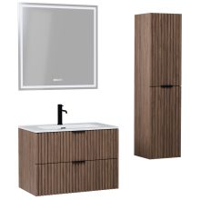 HD Ravello Oak 60 komplett fürdőszoba bútor szett fali mosdószekrénnyel, matt fekete fogantyúkkal, fényes fehér slim mosdóval, tükörrel és magasszekrénnyel