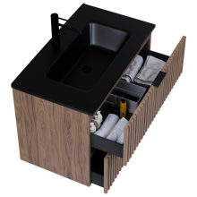 HD Ravello Oak 60 komplett fürdőszoba bútor fali mosdószekrénnyel, matt fekete fogantyúkkal, matt fekete slim mosdóval és tükörrel