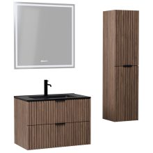 HD Ravello Oak 60 komplett fürdőszoba bútor szett fali mosdószekrénnyel, matt fekete fogantyúkkal, matt fekete slim mosdóval, tükörrel és magasszekrénnyel