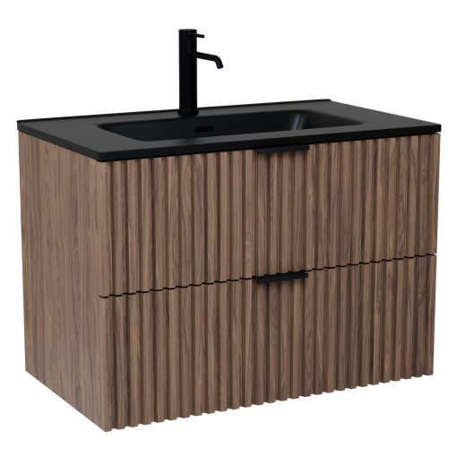 HD Ravello Oak 60 komplett fürdőszoba bútor szett fali mosdószekrénnyel, matt fekete fogantyúkkal, matt fekete slim mosdóval, tükörrel és magasszekrénnyel