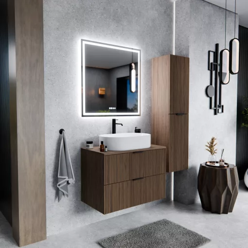 HD Rapallo Oak 60/80 fali mosdószekrény oak mosdópulttal és matt fekete fogantyúkkal