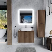 HD Rapallo Oak 60/80 fali mosdószekrény oak mosdópulttal és matt fekete fogantyúkkal