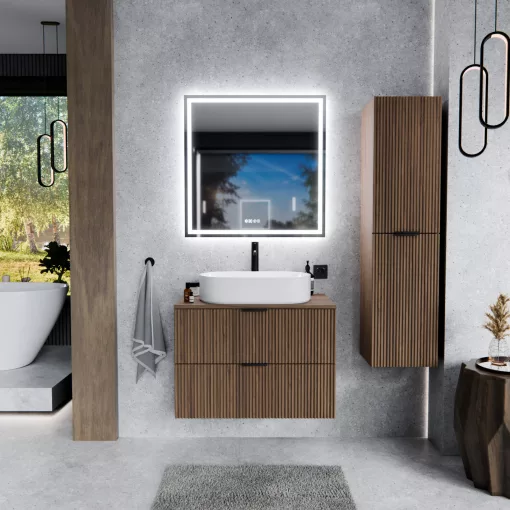 HD Rapallo Oak 60/80 fali mosdószekrény oak mosdópulttal és matt fekete fogantyúkkal
