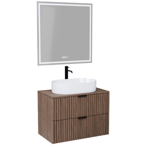 HD Rapallo Oak 60/80 komplett fürdőszoba bútor fali mosdószekrénnyel, matt fekete fogantyúkkal, oak mosdópulttal és tükörrel