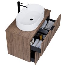 HD Rapallo Oak 60/80 komplett fürdőszoba bútor fali mosdószekrénnyel, matt fekete fogantyúkkal, oak mosdópulttal és tükörrel