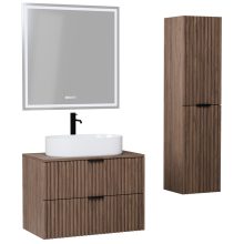 HD Rapallo Oak 60/80 komplett fürdőszoba bútor szett fali mosdószekrénnyel, matt fekete fogantyúval, oak mosdópulttal, tükörrel és magasszekrénnyel