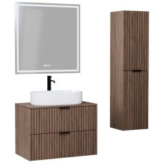   HD Rapallo Oak 60/80 komplett fürdőszoba bútor szett fali mosdószekrénnyel, matt fekete fogantyúval, oak mosdópulttal, tükörrel és magasszekrénnyel