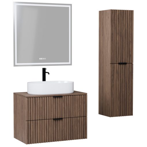 HD Rapallo Oak 60/80 komplett fürdőszoba bútor szett fali mosdószekrénnyel, matt fekete fogantyúval, oak mosdópulttal, tükörrel és magasszekrénnyel