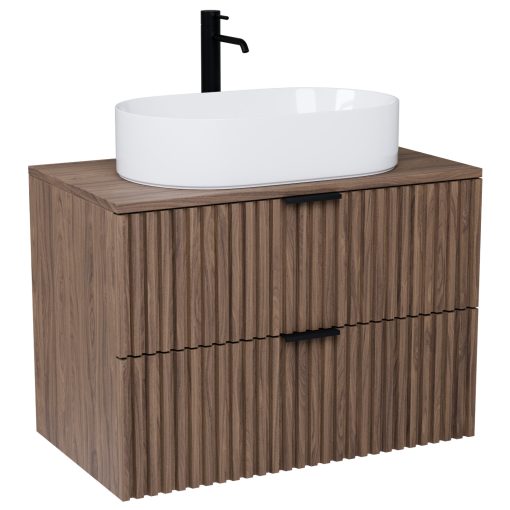 HD Rapallo Oak 60/80 komplett fürdőszoba bútor szett fali mosdószekrénnyel, matt fekete fogantyúval, oak mosdópulttal, tükörrel és magasszekrénnyel