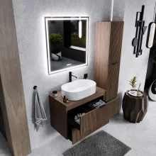 HD Rapallo Oak 60/80 komplett fürdőszoba bútor szett fali mosdószekrénnyel, matt fekete fogantyúval, oak mosdópulttal, tükörrel és magasszekrénnyel
