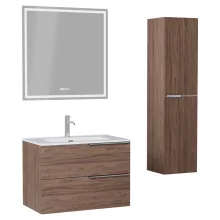 HD Cremona Oak 60 komplett fürdőszoba bútor szett fali mosdószekrénnyel, fényes króm fogantyúkkal, fényes fehér slim mosdóval, tükörrel és magasszekrénnyel