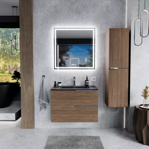 HD Cremona Oak 60 fali mosdószekrény fényes króm fogantyúkkal és matt fekete slim mosdóval