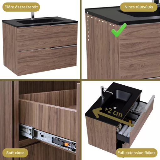 HD Cremona Oak 60 fali mosdószekrény fényes króm fogantyúkkal és matt fekete slim mosdóval