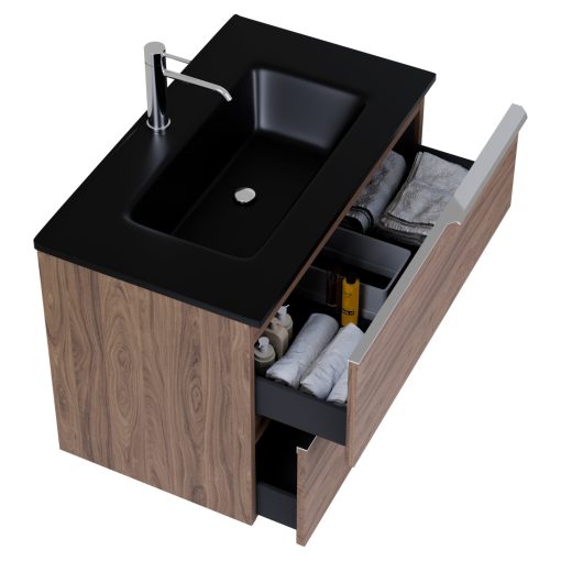 HD Cremona Oak 60 komplett fürdőszoba bútor fali mosdószekrénnyel, fényes króm fogantyúkkal, matt fekete slim mosdóval és tükörrel