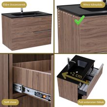 HD Cremona Oak 60 komplett fürdőszoba bútor fali mosdószekrénnyel, fényes króm fogantyúkkal, matt fekete slim mosdóval és tükörrel