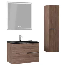 HD Cremona Oak 60 komplett fürdőszoba bútor szett fali mosdószekrénnyel, fényes króm fogantyúkkal, matt fekete slim mosdóval, tükörrel és magasszekrénnyel