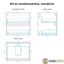HD Cremona Oak 60 komplett fürdőszoba bútor szett fali mosdószekrénnyel, fényes króm fogantyúkkal, matt fekete slim mosdóval, tükörrel és magasszekrénnyel