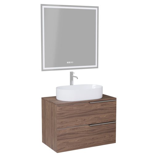 HD Carona Oak 60 komplett fürdőszoba bútor fali mosdószekrénnyel, fényes króm fogantyúkkal, tölgyfa színű mosdópulttal és tükörrel