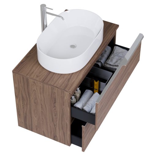 HD Carona Oak 60 komplett fürdőszoba bútor fali mosdószekrénnyel, fényes króm fogantyúkkal, tölgyfa színű mosdópulttal és tükörrel