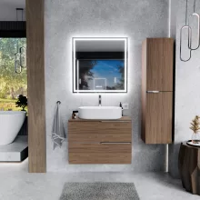 HD Carona Oak 60 komplett fürdőszoba bútor fali mosdószekrénnyel, fényes króm fogantyúkkal, tölgyfa színű mosdópulttal és tükörrel