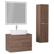 HD Carona Oak 60 komplett fürdőszoba bútor szett fali mosdószekrénnyel, fényes króm fogantyúkkal, tölgyfa színű mosdópulttal, tükörrel és magasszekrénnyel