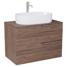 HD Carona Oak 60 komplett fürdőszoba bútor szett fali mosdószekrénnyel, fényes króm fogantyúkkal, tölgyfa színű mosdópulttal, tükörrel és magasszekrénnyel