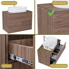 HD Carona Oak 60 komplett fürdőszoba bútor szett fali mosdószekrénnyel, fényes króm fogantyúkkal, tölgyfa színű mosdópulttal, tükörrel és magasszekrénnyel