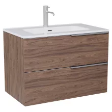 HD Cremona Oak 60 komplett fürdőszoba bútor szett fali mosdószekrénnyel, szálcsiszolt króm fogantyúkkal, fényes fehér slim mosdóval, tükörrel és magasszekrénnyel