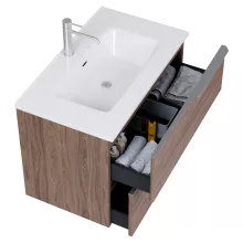 HD Cremona Oak 60 komplett fürdőszoba bútor szett fali mosdószekrénnyel, szálcsiszolt króm fogantyúkkal, fényes fehér slim mosdóval, tükörrel és magasszekrénnyel