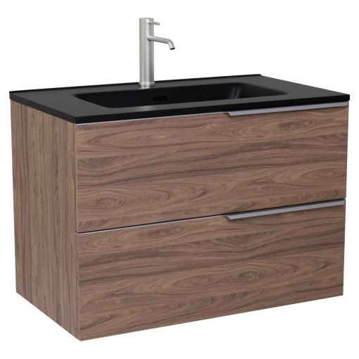 HD Cremona Oak 60 fali mosdószekrény szálcsiszolt króm fogantyúkkal és matt fekete slim mosdóval