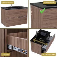 HD Cremona Oak 60 fali mosdószekrény szálcsiszolt króm fogantyúkkal és matt fekete slim mosdóval