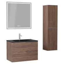 HD Cremona Oak 60 komplett fürdőszoba bútor szett fali mosdószekrénnyel, szálcsiszolt króm fogantyúkkal, matt fekete slim mosdóval, tükörrel és magasszekrénnyel