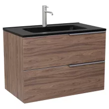 HD Cremona Oak 60 komplett fürdőszoba bútor szett fali mosdószekrénnyel, szálcsiszolt króm fogantyúkkal, matt fekete slim mosdóval, tükörrel és magasszekrénnyel