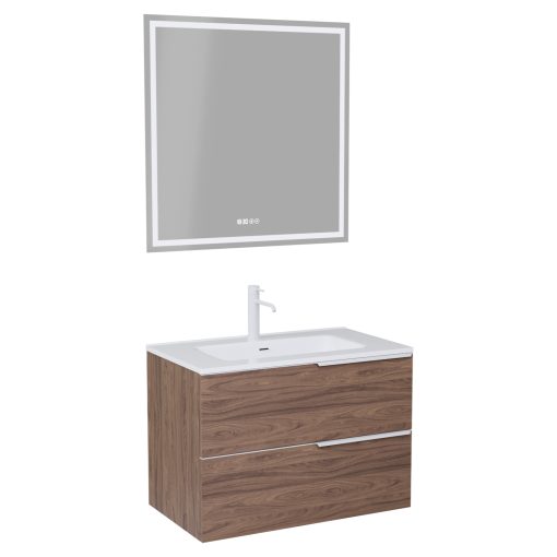 HD Cremona Oak 60 komplett fürdőszoba bútor fali mosdószekrénnyel, matt fehér fogantyúkkal, fényes fehér slim mosdóval és tükörrel