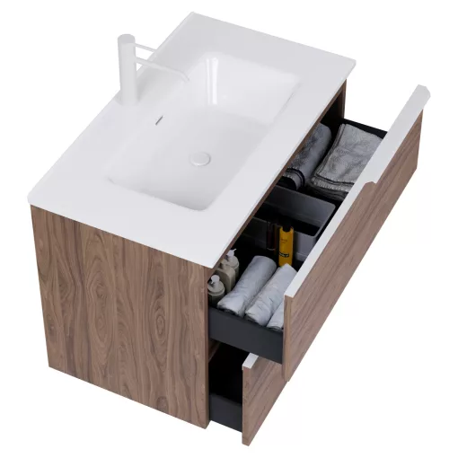 HD Cremona Oak 60 komplett fürdőszoba bútor szett fali mosdószekrénnyel, matt fehér fogantyúkkal, fényes fehér slim mosdóval, tükörrel és magasszekrénnyel