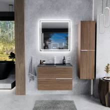 HD Cremona Oak 60 fali mosdószekrény matt fehér fogantyúkkal és matt fekete slim mosdóval